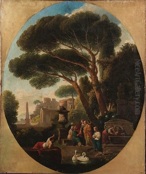 Philosphers Disputing Before A 
Roman Villa; And A Shepherd Conversing With Figures, With Goats In A 
Classical Landscape Oil Painting by Jan Frans Van Bloemen (Orizzonte)