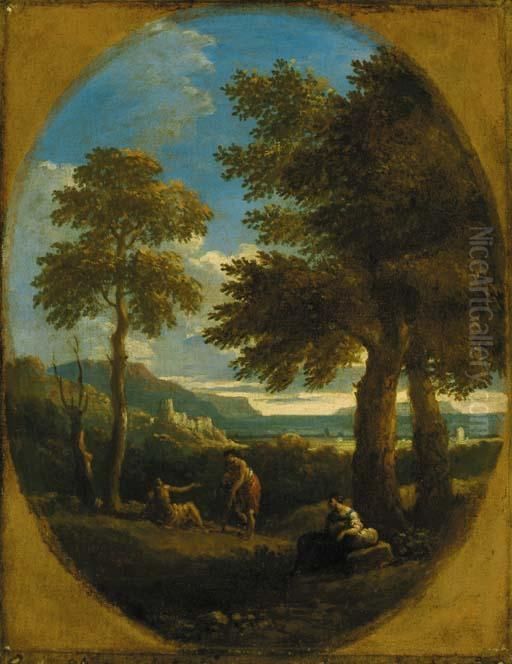 A Classical Wooded Landscape With Figures, A Town And Mountains Beyond Oil Painting by Jan Frans Van Bloemen (Orizzonte)