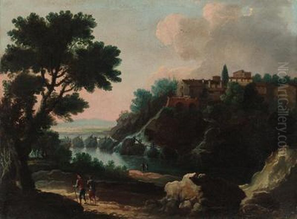 Travellers Before A Waterfall In
 A River Landscape; And Peasants Ona Path In A River Landscape With A 
Town Beyond Oil Painting by Jan Frans Van Bloemen (Orizzonte)