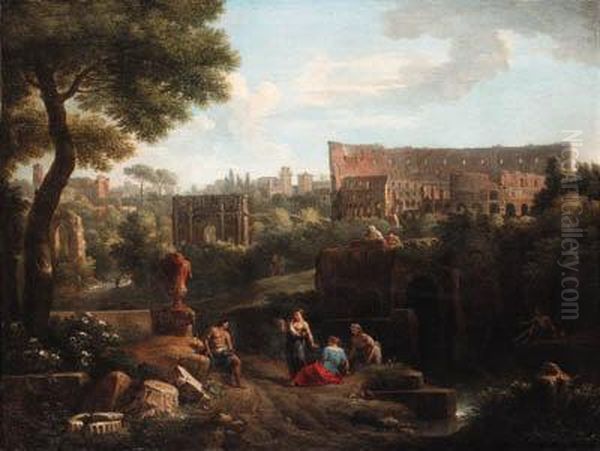 A Capriccio Of Rome With The Colosseum And The Arch Ofconstantine
Signed 'vblommen' [vb Linked] Oil Painting by Jan Frans Van Bloemen (Orizzonte)