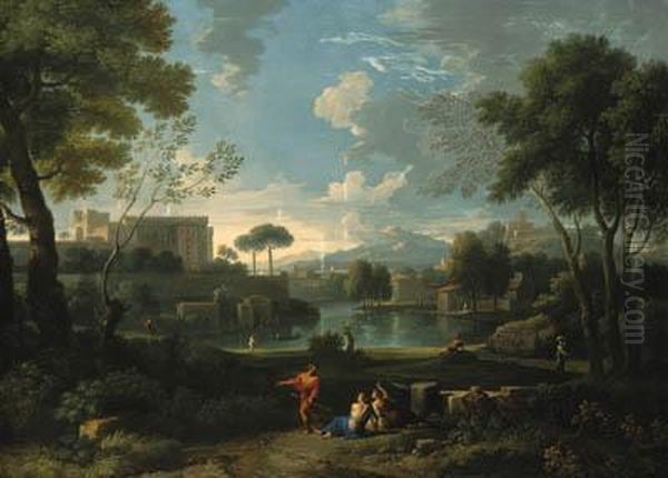 An Italianate Landscape With A 
Lakeside Town And A Fortified Palaceon A Hill, Figures Resting On A Path
 In The Foreground Oil Painting by Jan Frans Van Bloemen (Orizzonte)