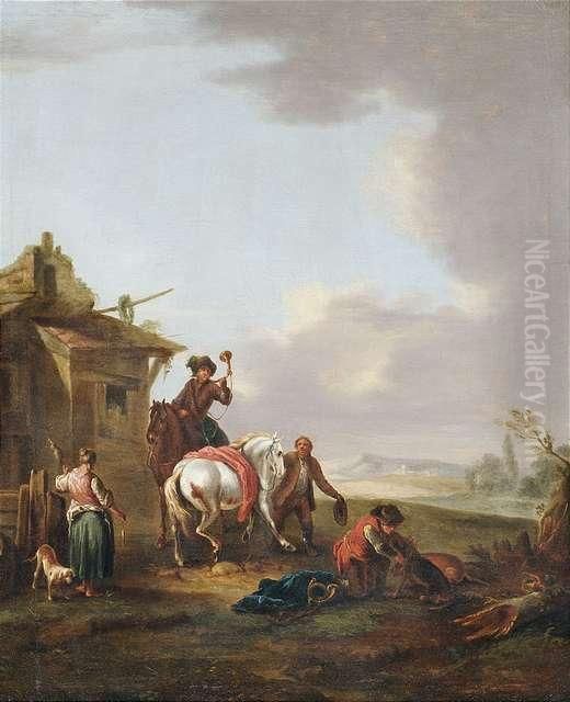 Resting Horsemen At A Farmhouse. Oil Painting by Pieter van Bloemen