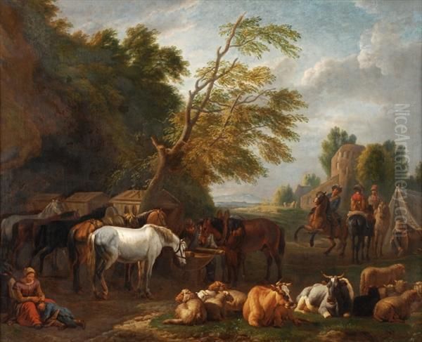 A Military Encampment In A 
Wooded Landscape With Sheepand Cattle Grazing, And Mounted Cavalry 
Behind Oil Painting by Pieter van Bloemen