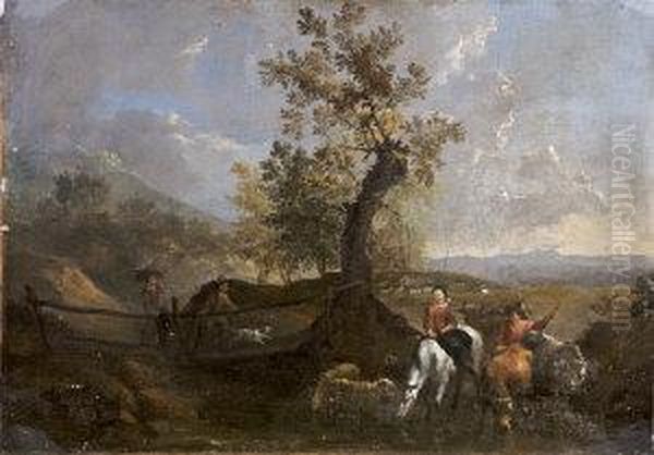 Drovers Watering Their Animals By A Footbridge In A Southern Landscape Oil Painting by Pieter van Bloemen
