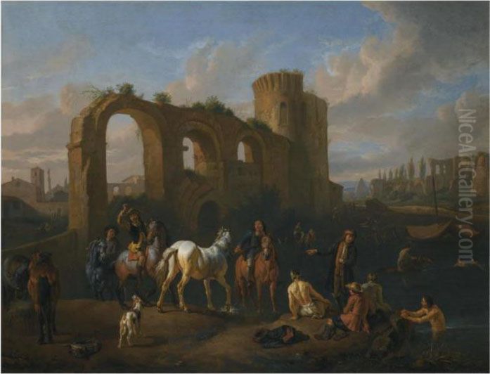 A Roman Landscape With Horsemen 
And Bathers At A Watering Hole,architechtural Ruins Beyond Oil Painting by Pieter van Bloemen