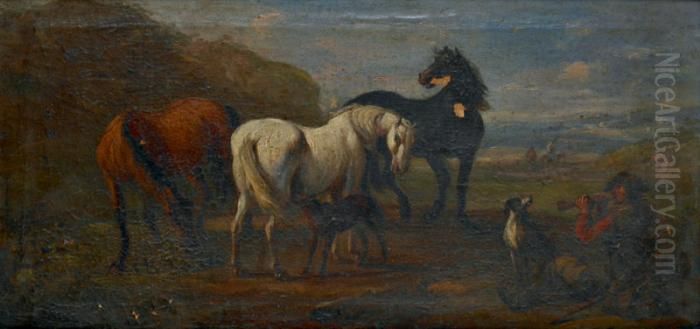 Trois Chevaux Et Un Berger Oil Painting by Pieter van Bloemen