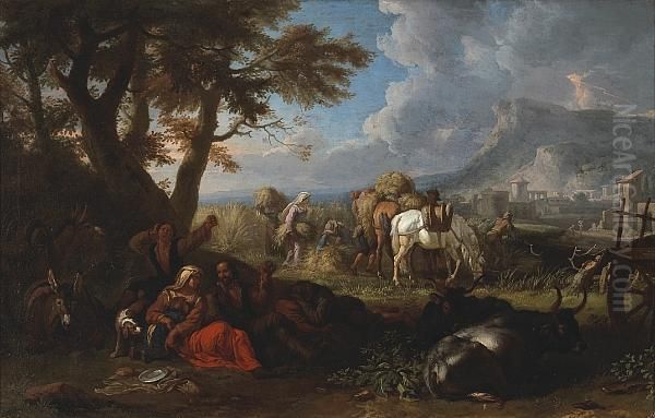 An Extensive Landscape With 
Harvesters Working In A Field And Others Resting Under A Tree Oil Painting by Pieter van Bloemen