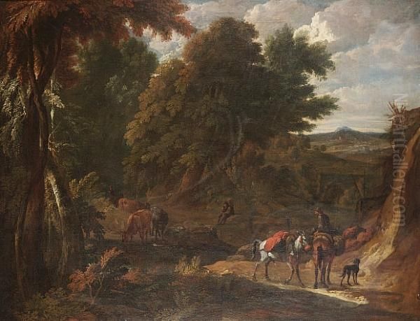 A Wooded Italianate Landscape 
With A Traveller On A Path And A Drover Watering His Cattle At A Stream;
 And An Italianate Landscape With Travellers On A Path, A View To Tivoli
 Beyond Oil Painting by Pieter van Bloemen