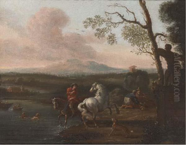 A Riverside Landscape With 
Bathers And A Horseman; And Figures Athalt Before A Military Encampment Oil Painting by Pieter van Bloemen