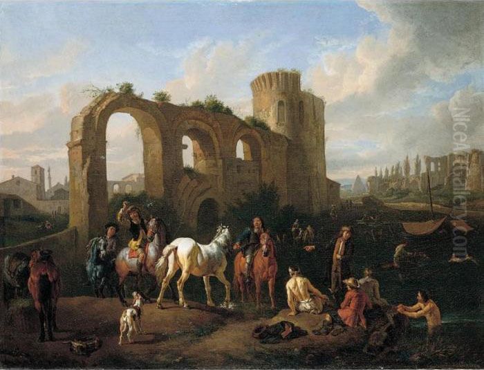 A Roman Landscape With Horsemen 
And Bathers At A Watering-hole, Architectural Ruins Beyond Oil Painting by Pieter van Bloemen