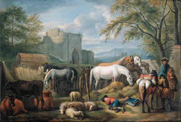 Cavalry Man Halting At A 
Refreshment Place For Horses Outside Atown Gate, A Shepherd Boy Asleep 
In The Foreground; And Cowherdsand Shepherds Fording Cattle, Sheep And 
Goat In A Mountainouslandscape Oil Painting by Pieter van Bloemen
