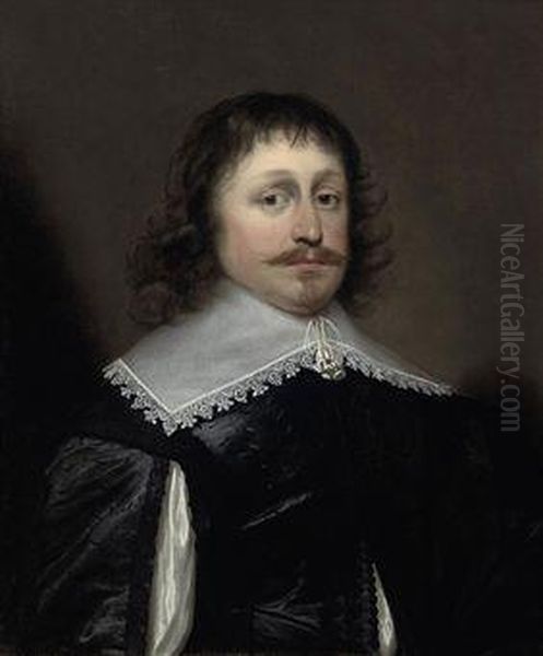 Portrait Of A Man, Traditionally
 Identified As John Hawtrey(1600-1658), Bust-length, In A Black Jacket 
With Lace Collar Oil Painting by Cornelius Jonson