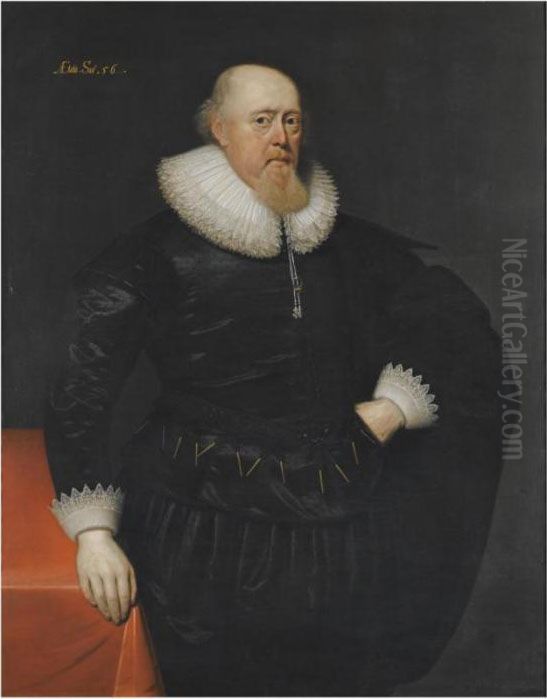Portrait Of A Gentleman 
Three-quarter Length, Standing Beside A Table, Wearing A Black Suit With
 Lace Ruff And Cuffs Oil Painting by Cornelius Jonson