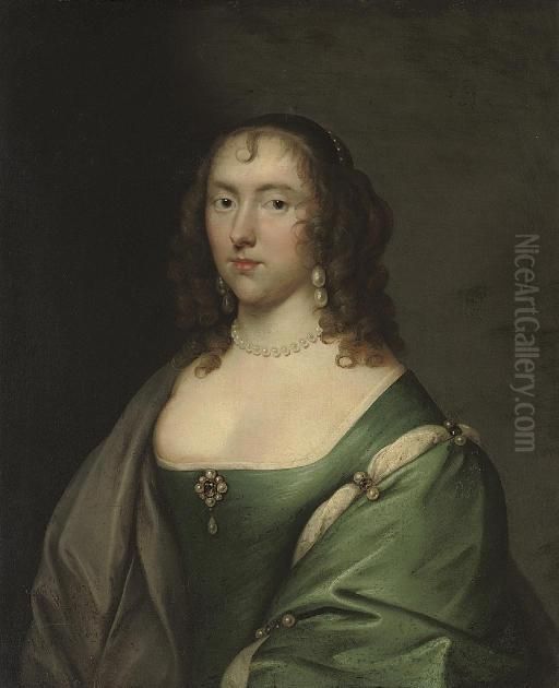 Portrait Of Lady Lucy Pelham 
(d.1685), Half-length, In A Blue Dress With Pearl Ornaments, And A Grey 
Wrap Oil Painting by Cornelius Jonson