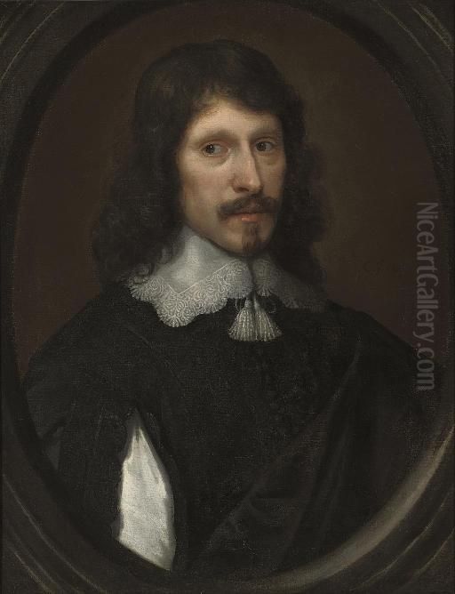 Portrait Of A Gentleman, 
Bust-length, In A Black Doublet With Slashed Sleeves And A Black Cloak, 
In A Feigned Oval Oil Painting by Cornelius Jonson