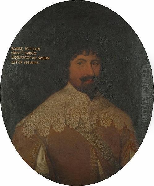 Portrait Of A Bearded Gentleman,
 Said To Be Robert Sutton, Bust-length, In An Ochre Coat With Slashed 
Sleeves And A White Lace Collar Oil Painting by Cornelius Jonson