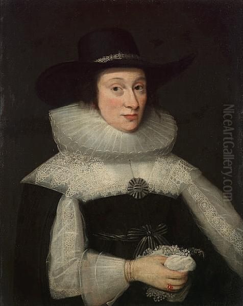 Portrait Of A Lady, Half-length,
 In Black Costume With White Lace Sleeves And Collar, And A Black Hat Oil Painting by Cornelius Jonson