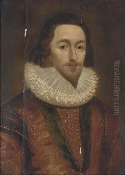 Portrait Of George Villiers, 1st
 Duke Of Buckingham, In A Golddoublet And Lace Ruff, Wearing The 
Order-of-the-garter Oil Painting by Cornelius Jonson