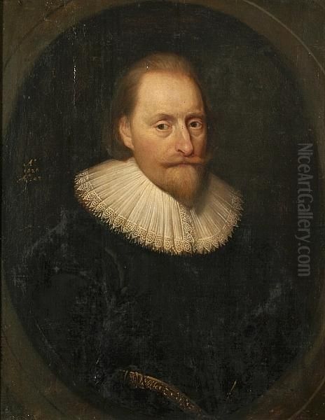A Portrait Of A Bearded 
Gentleman, Half Length, With Black Coat And Lace Ruff, Within A Painted 
Oval Oil Painting by Cornelius Jonson