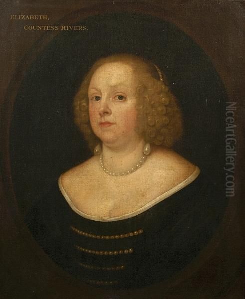 Portrait Of Elizabeth Countess 
Rivers, Long Bust Length With Black Gown And Pearl Jewellery Oil Painting by Cornelius Jonson