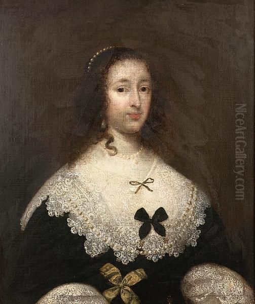 Portrait Of A Lady, Half-length,
 In A Black Dress With A White Lace Collar And Cuffs, With Yellow And 
Black Bows Oil Painting by Cornelius Jonson