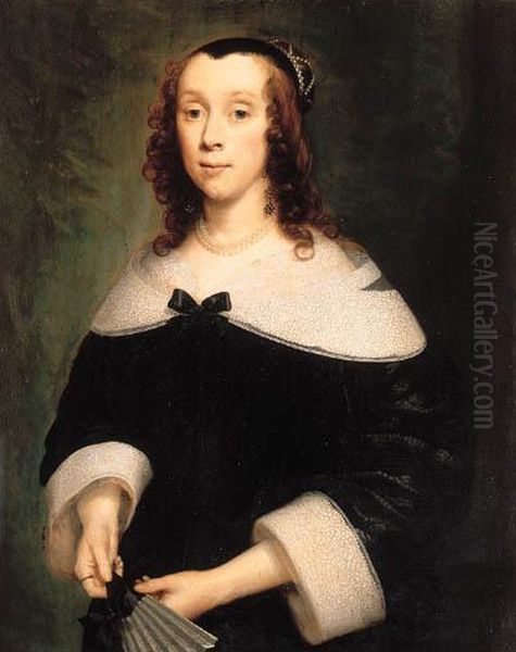 Portrait Of A Lady, Half-length,
 In A Black Dress With A Lacecollar And Cuffs, Holding A Fan Oil Painting by Cornelius Jonson