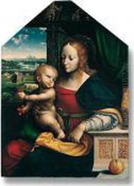 ``the Madonna Of The Cherries': 
The Madonna And Child Seated At A Window, The Christ Child Holding 
Bunches Of Cherries, An Apple In The Foreground, With An Extensive 
Landscape Beyond Illustrating The Miracle Of The Corn Oil Painting by Joos Van Cleve