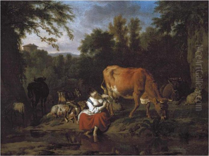 An Italianate Landscape With A 
Herding Girl Seated By A Stream Withcattle, Sheep And Goats Behind Her Oil Painting by Adrian Van De Velde