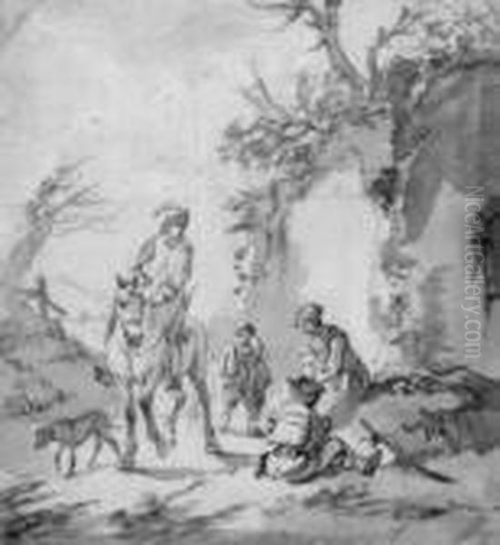 Landschaft Mit Reiter Und Rastender Oil Painting by Adrian Van De Velde