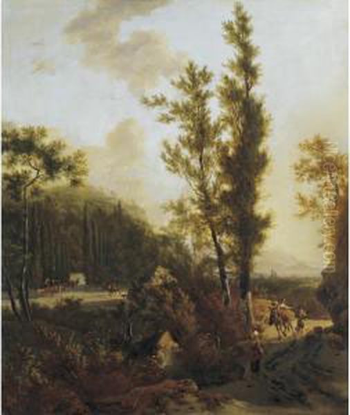 Sold By The J. Paul Getty Museum To Benefit Future Painting Acquisitions
 

 
 
 

 
 An Italianate Landscape With Peasants On A Road In The Foreground, Mounted Figures Entering The Forecourt To A Vil Oil Painting by Adrian Van De Velde