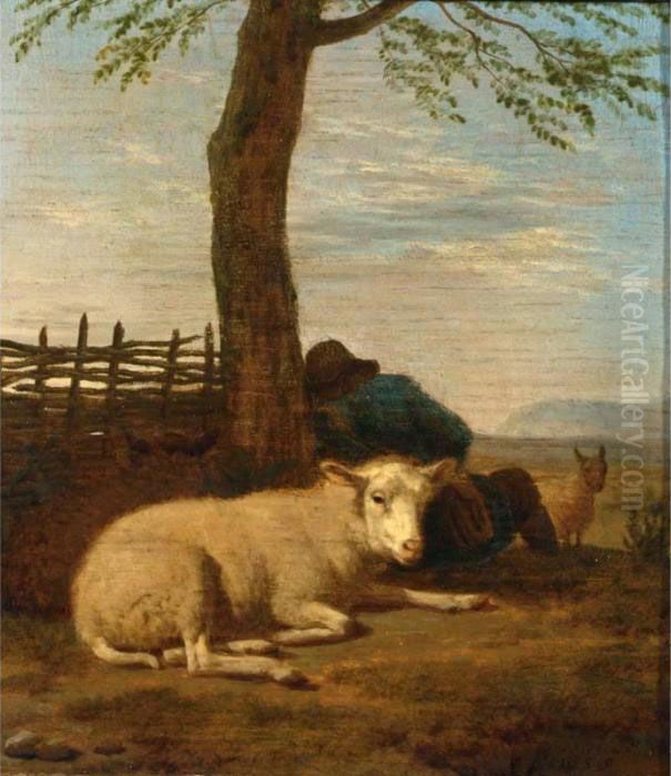 A Shepherd Sleeping Against A Tree With His Flock Of Sheep Oil Painting by Adrian Van De Velde