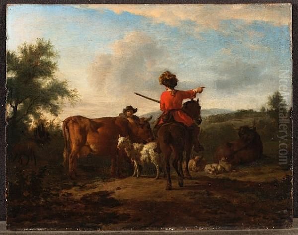 A Horseman Asking Directions Of A
 Shepherd, Leaning On A Cow And Surrounded By Cattle And Sheep Oil Painting by Adrian Van De Velde