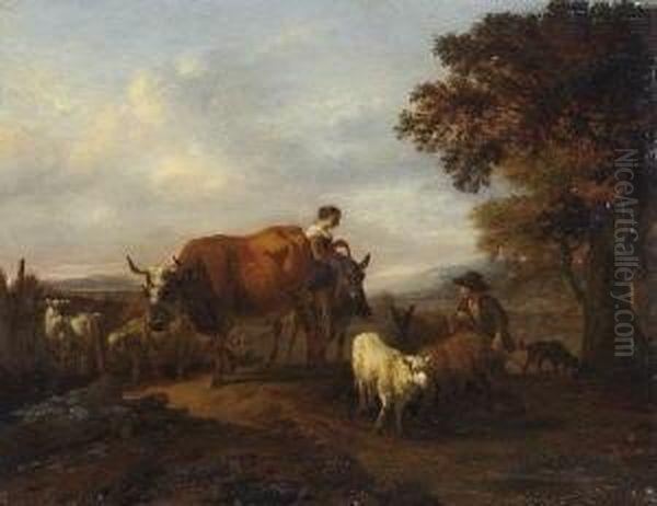 Heimkehrendes Hirtenpaar Mit
 Viehherde In Der Abenddammerung. Oil Painting by Adrian Van De Velde