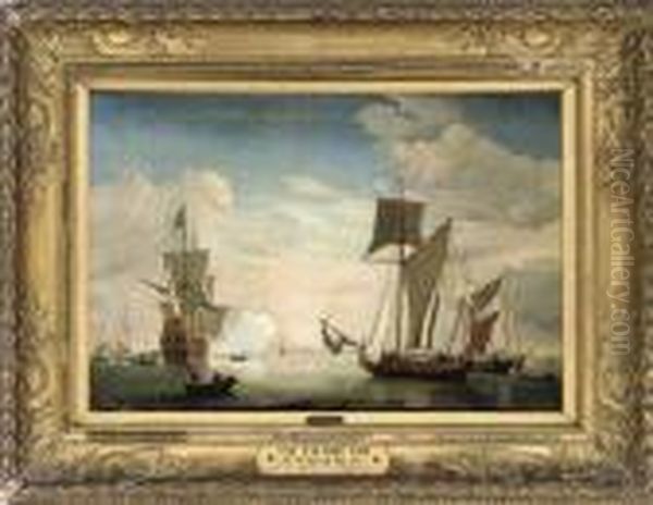 An English Galliot Close In To 
The Shore With An English Flagship Firing A Salute As She Arrives At The
 Nore Oil Painting by Willem van de, the Elder Velde