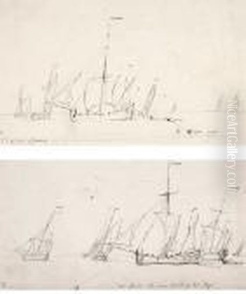 Segelschiffe Auf Offener See, Grosses Boot Links 
Segelschiffe Auf Offener See, Grosses Boot Rechts Oil Painting by Willem van de, the Elder Velde