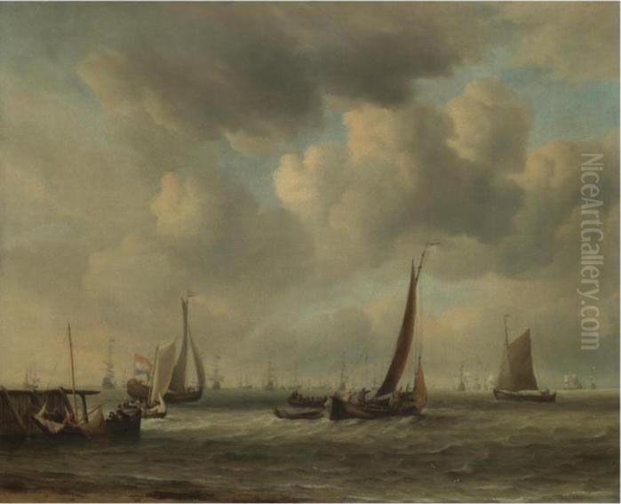 A Kaag And Other Dutch Coastal Vessels Putting Out From A Jetty,the Dutch Fleet Beyond Oil Painting by Willem van de, the Elder Velde