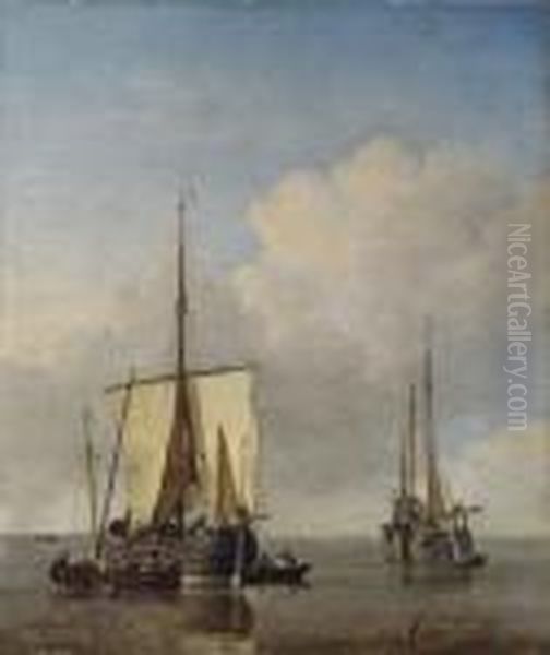 A 
Hoeker
 And A Fishing 
Buss Oil Painting by Willem van de, the Elder Velde