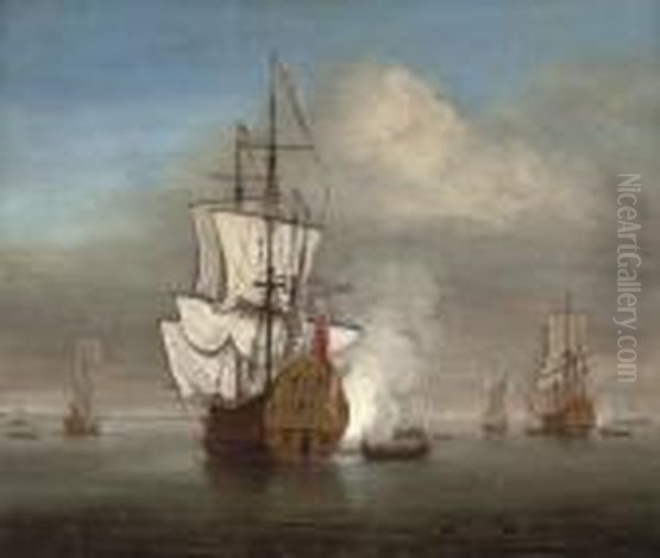 An English Naval Squadron Announcing Its Departure From Its Anchorage Oil Painting by Willem van de, the Elder Velde