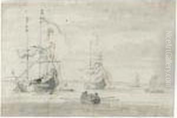 Two States Yachts In Calm 
Waters, With Smaller Vessels To The Left And A Barge In The Foreground Oil Painting by Willem van de, the Elder Velde