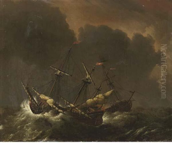 Shipping On A Stormy Sea Oil Painting by Willem van de, the Elder Velde