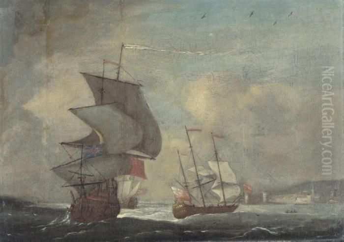Second Rates Of The Red Squadron
 With A Fifth Rate In Company Off The Coast Of Portsmouth Oil Painting by Willem van de, the Elder Velde