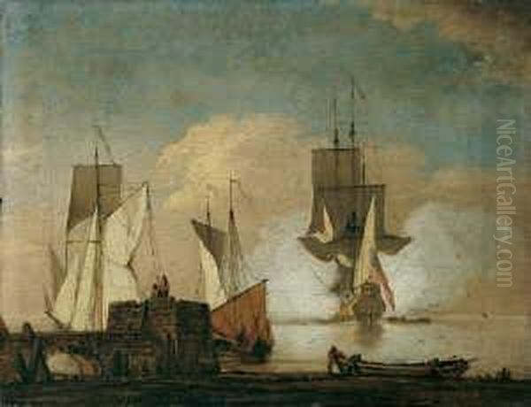 De D.j. , Nachfolge Britische 
Kriegsschiffe In Kustennahe. Ol Auf Leinwand, Auf Holz Aufgezogen . H 
22; B 29 Cm. Provenienz: Slg. Bremen, Krefeld Oil Painting by Willem van de, the Elder Velde