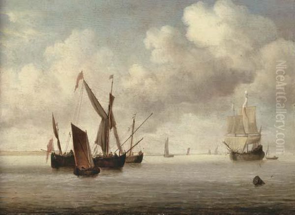 A Galjoot And A Smalschip At 
Anchor Approached By A Small Kaag, Aflute Under Sail And Other Vessels 
Beyond Oil Painting by Willem van de, the Elder Velde