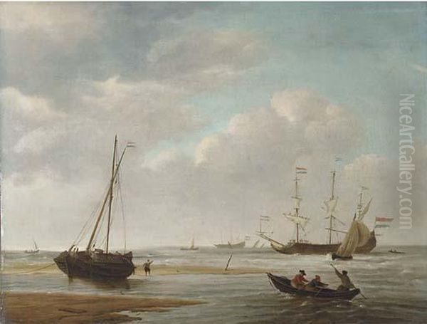 A Dutch Three-master With Reefed
 Sails And Other Shipping In Calmwaters Off The Coast, Fishermen In A 
Rowing Boat Heading Towards Adekschuit On The Beach In The Foreground Oil Painting by Willem van de, the Elder Velde