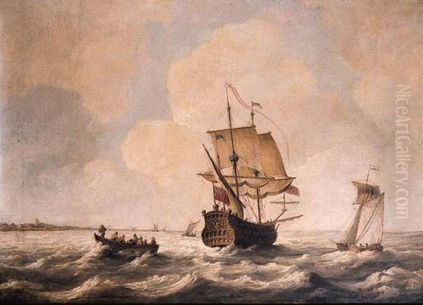 An English Man-o'-war Sailing 
Out, A Rowing Boat And Other Shippingnearby, A Town In The Distance Oil Painting by Willem van de, the Elder Velde