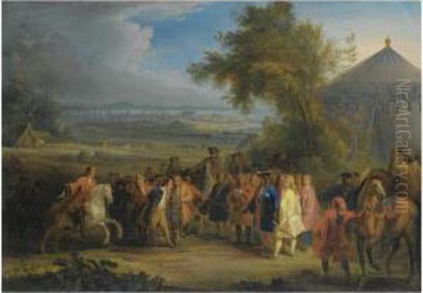 An Extensive Landscape With 
Louis Xiv Of France Being Presented With A Prisoner Of War In The 
Foreground, A Battle Beyond Oil Painting by Adam Frans van der Meulen