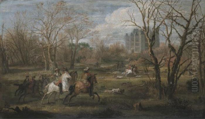 Noblemen Hunting In The Woodland Of A Country Estate Oil Painting by Adam Frans van der Meulen