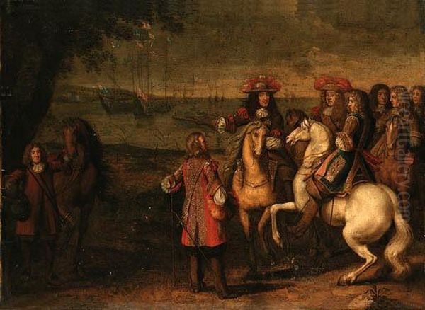 King Charles Ii And The Duke Of 
York With Other Figures Before Abay, With English Men-o-war Beyond Oil Painting by Adam Frans van der Meulen