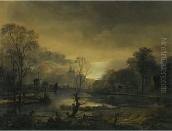 A River Landscape At Sunset With
 Fishermen Drawing In Their Net In The Foreground, Windmills Beyond Oil Painting by Aert van der Neer