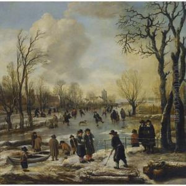 A Winter Landscape With 
Villagers Skating And Playing Kolf On A Frozen Canal, A Village Beyond Oil Painting by Aert van der Neer